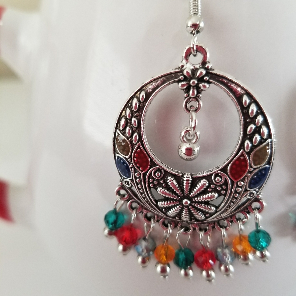 MULTI COLORED BEADED CHANDELIER  EARRINGS - Picture 3 of 3